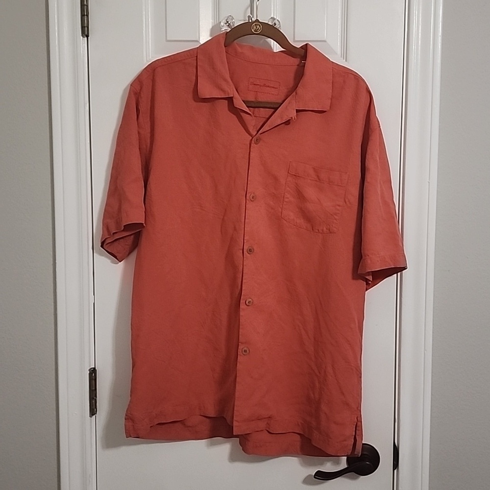 Tommy Bahama 100% Silk Mens Short Sleeve Button Down Orange Tropical Large​​​​